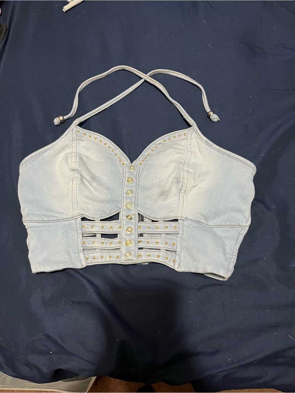 Mossimo Supply Co. Light Denim Halter Crop Top with Gold Studs